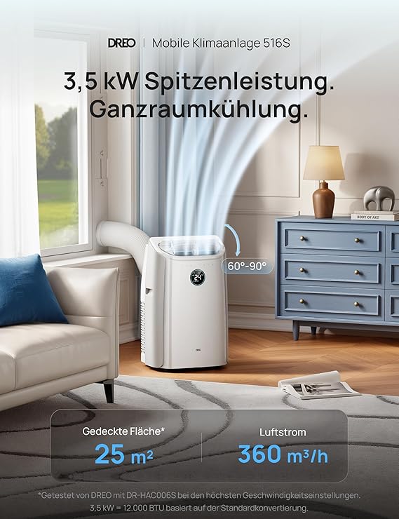 DREO Mobiles Klimagerät 12000 BTU – 3-in-1 Klimaanlage mit Kühl-, Ventilator- und Entfeuchtungsfunktion